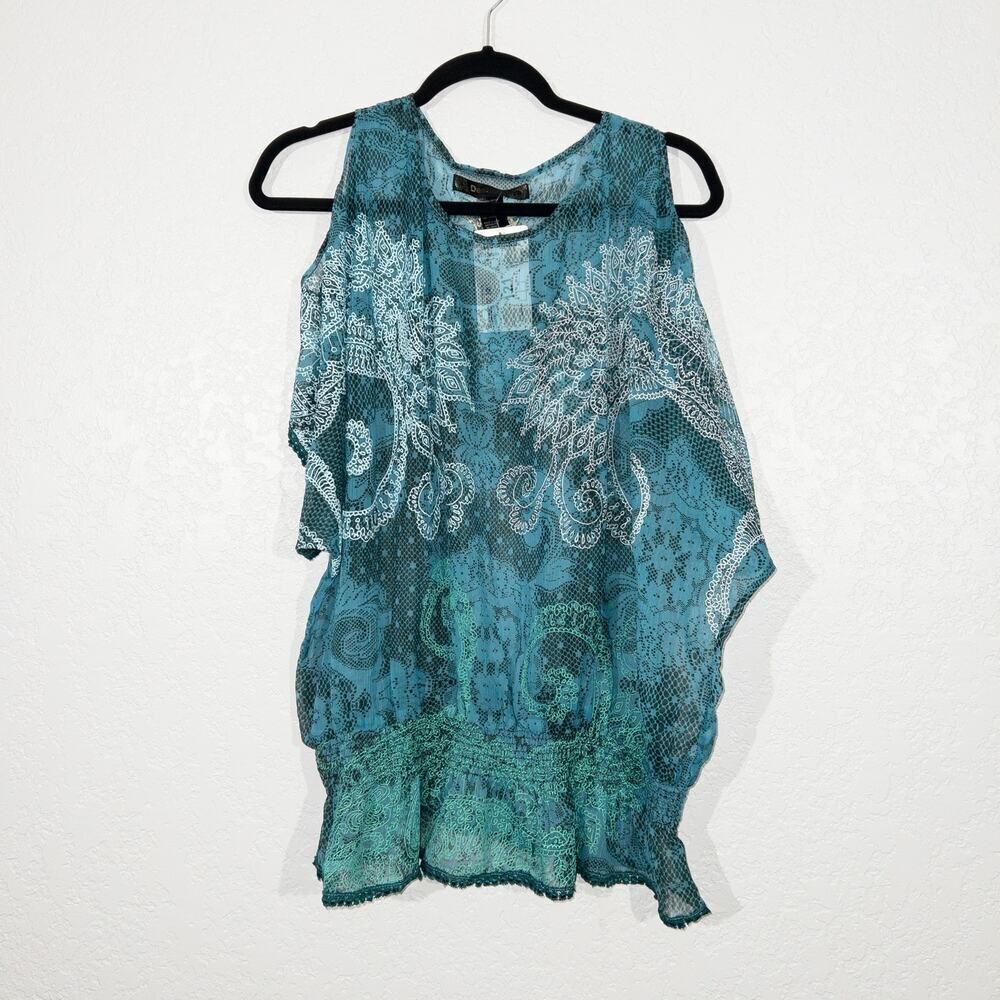 NWT Desigual Blue Marina Cold Shoulder Sheer Top Size Large‎